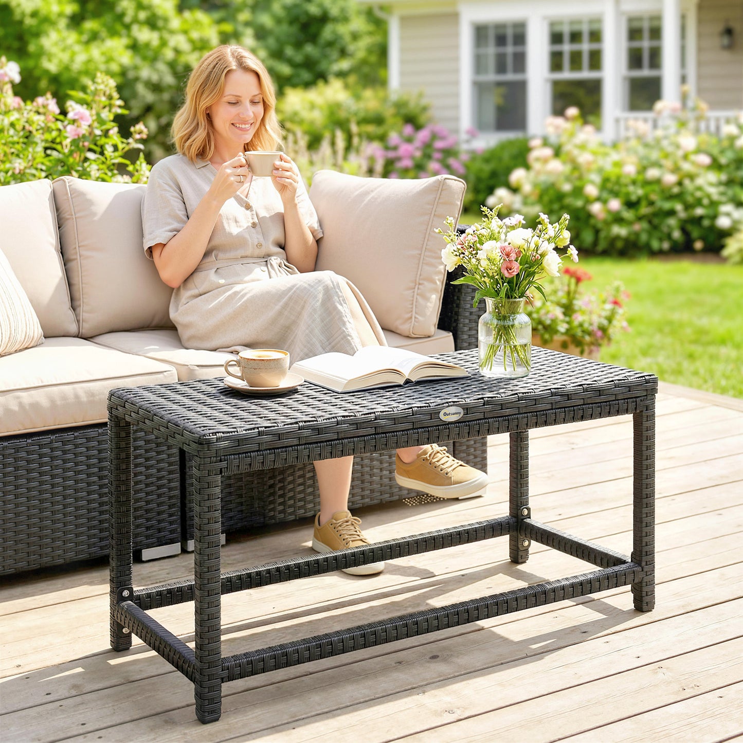 Outdoor Coffee Table Side Table with Rectangular Frame for Patio