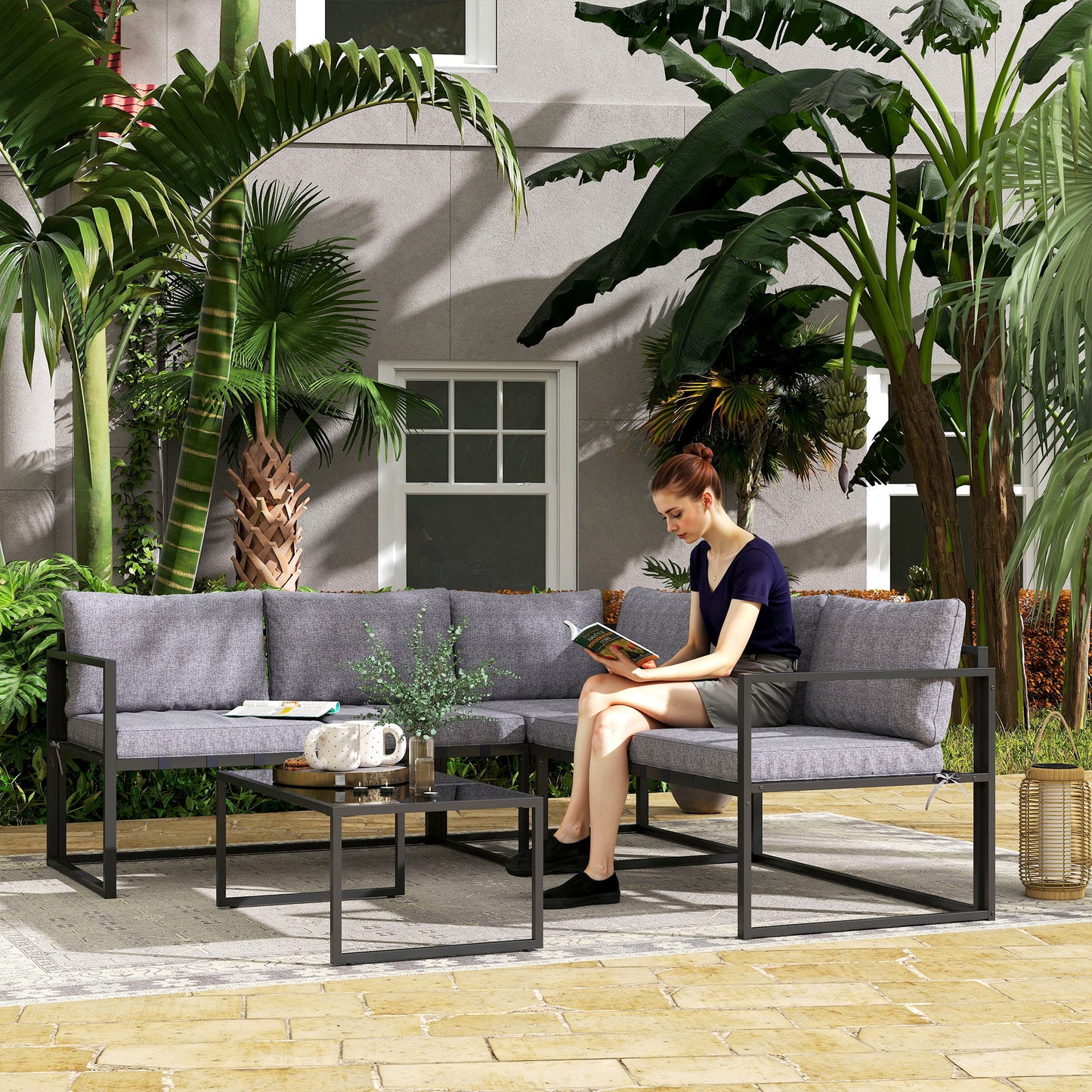 Three-Piece L Shaped Garden Furniture Set with Cushions