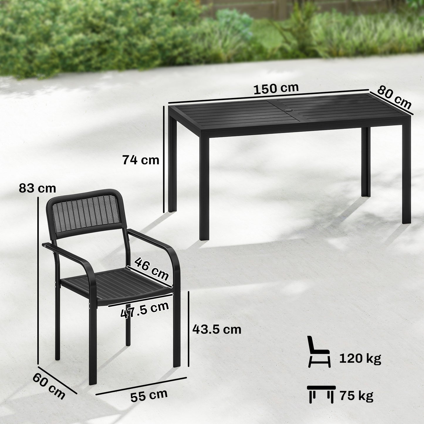 Garden Dining Set for 6, Faux Wood Metal Outdoor Table