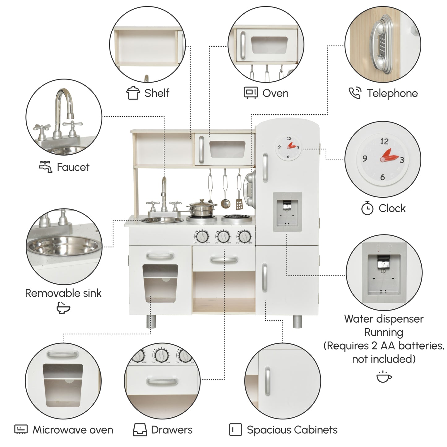 Kids Wooden Pretend Play Toy Kitchen Cooking Set Role Play Phone