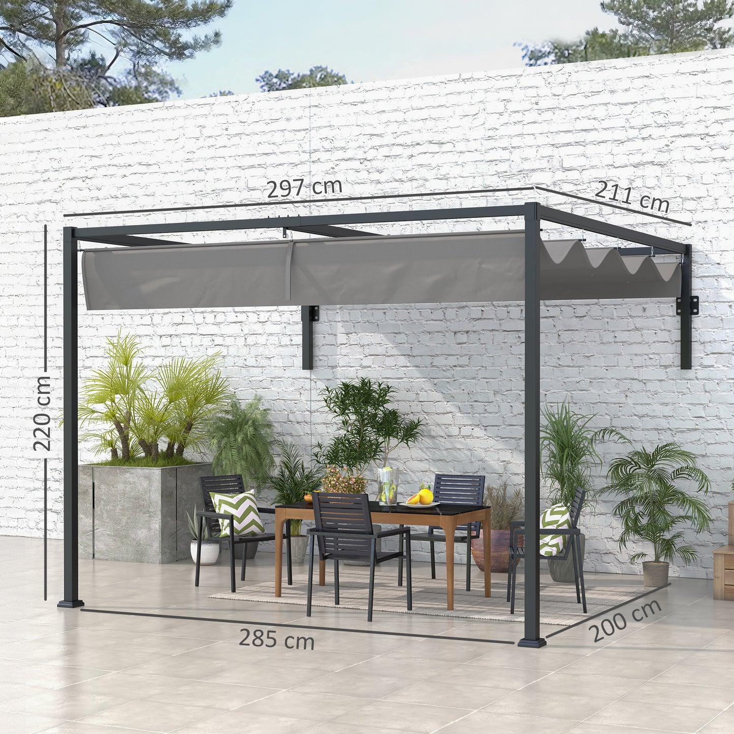 2 x 3(m) Lean To Steel Pergola, with Moving Fabric Canopy