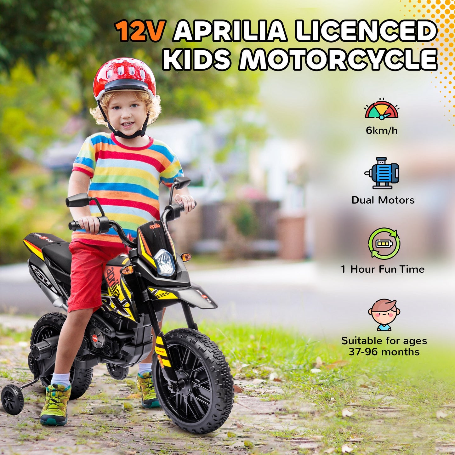 12V Aprilia Licensed Kids Motorbike with Training Wheels