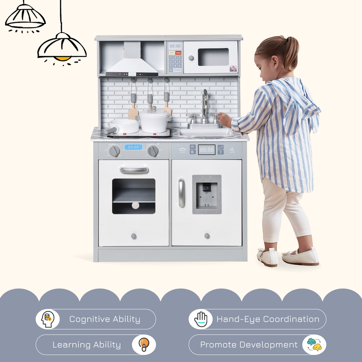 Kids Wooden Toy Kitchen Pretend Play Cooking Playset w/ Sound &