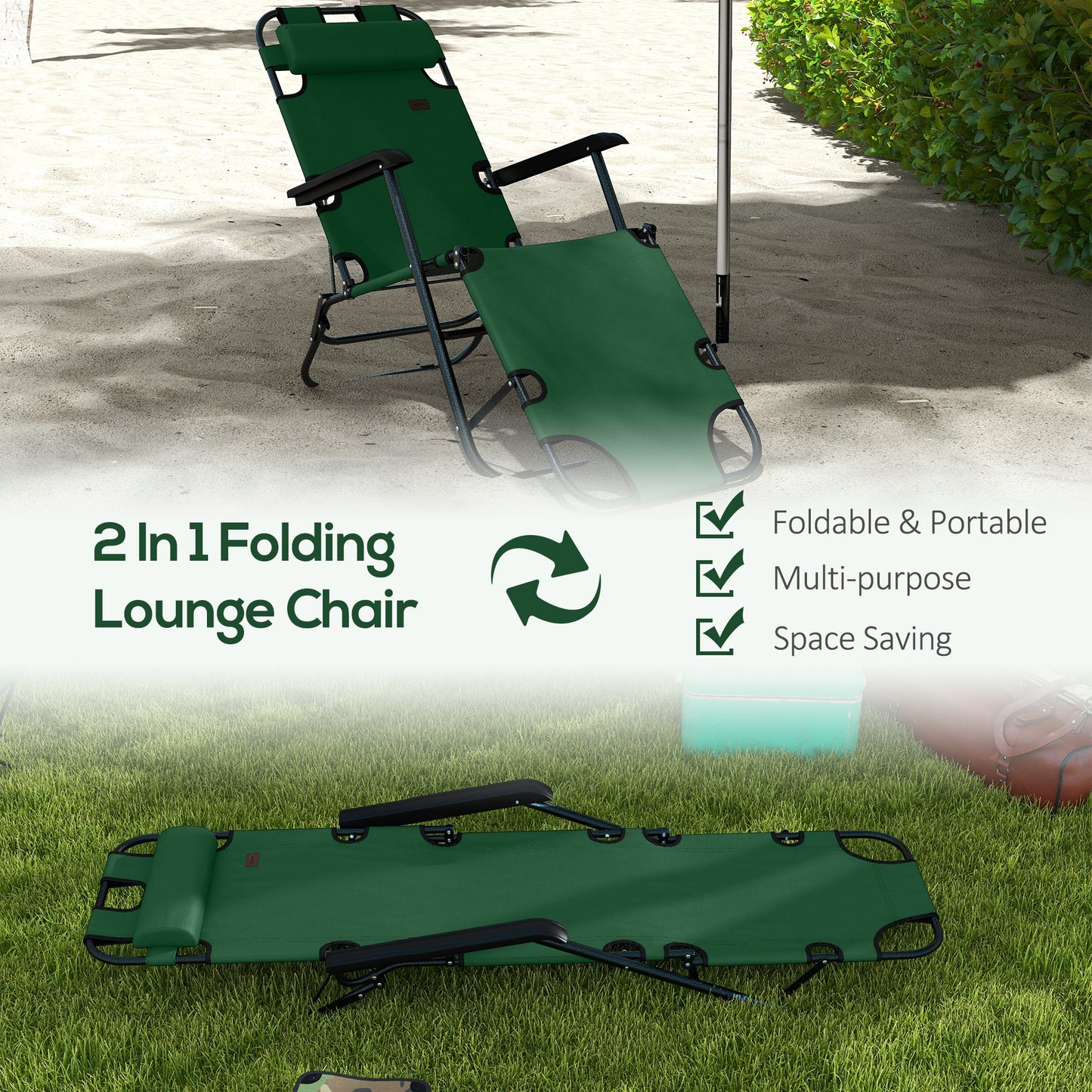 2 Pack 2 in 1 Sun Lounger Folding Reclining Chairs Garden Outdoor