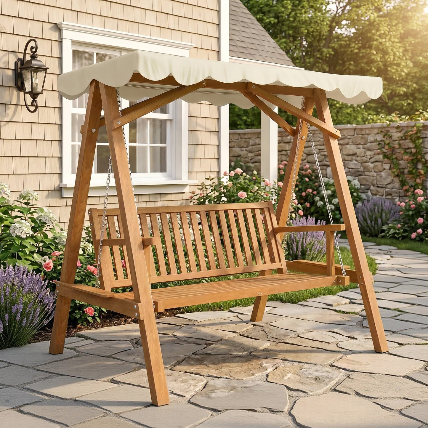3 Seater Garden Swing Seat with Canopy, Wooden Swing Chair