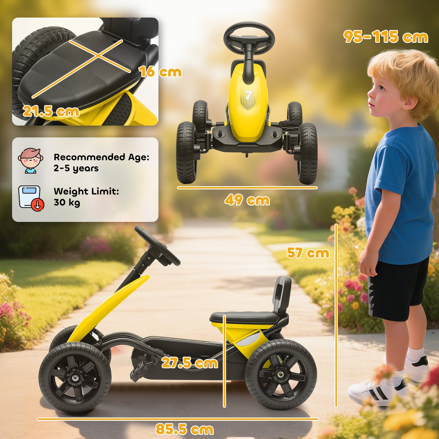 Pedal Go Kart for Kids 2-5 Years, with Silent EVA Wheels, Metal Frame