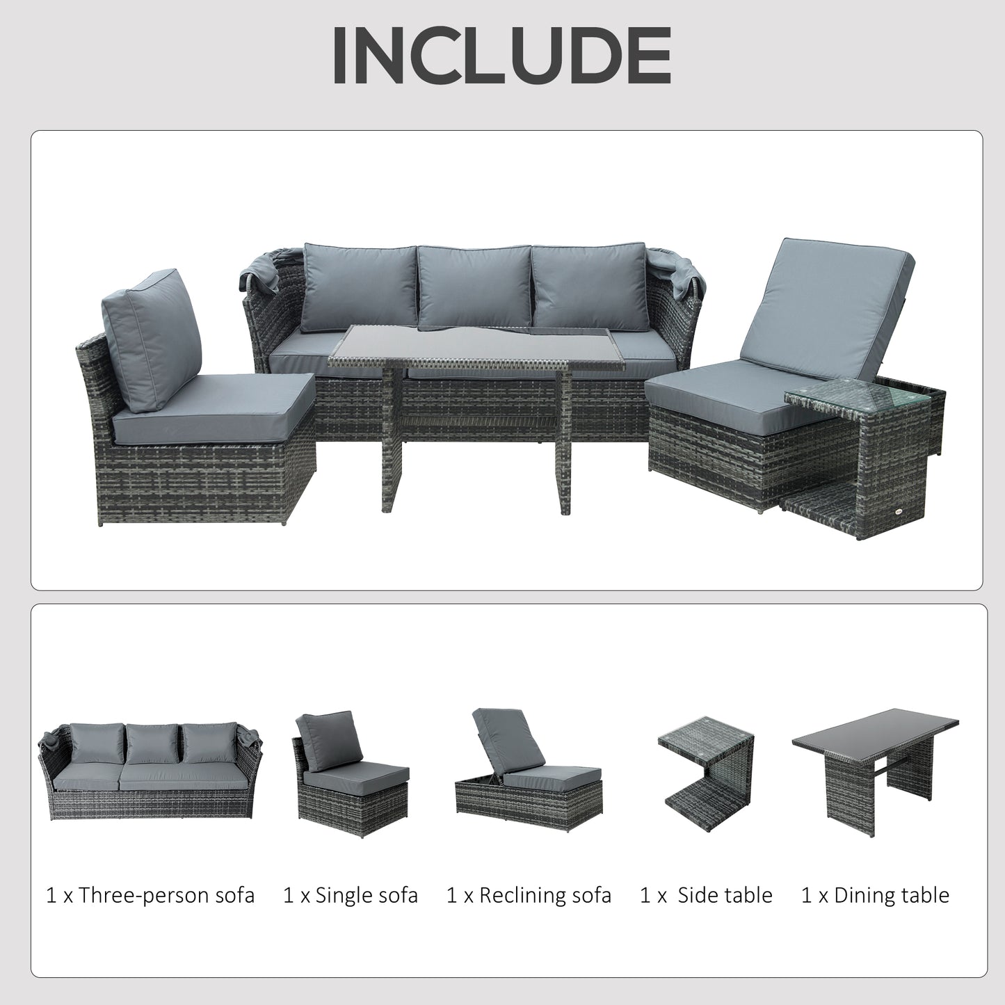 5 PCS Outdoor Rattan Wicker Sofa Sets Reclining Sofa Adjustable