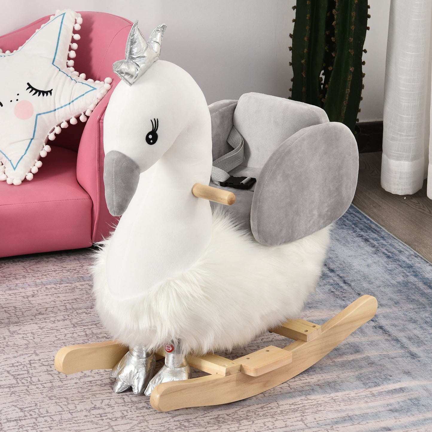 Kids Rocking Horse, Children Plush Ride On Swan Animal Rocker w/
