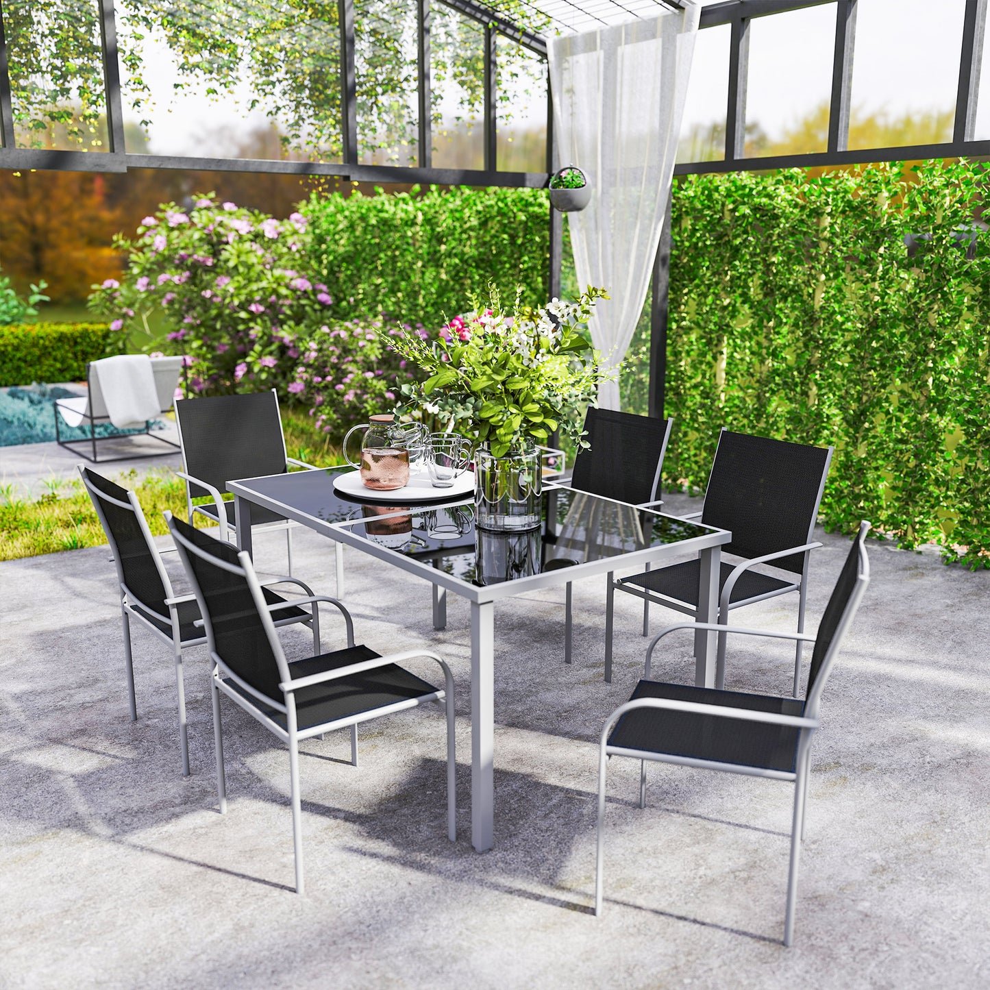 7 Piece Outdoor Garden Dining Set with Table and 6 Stackable Chairs