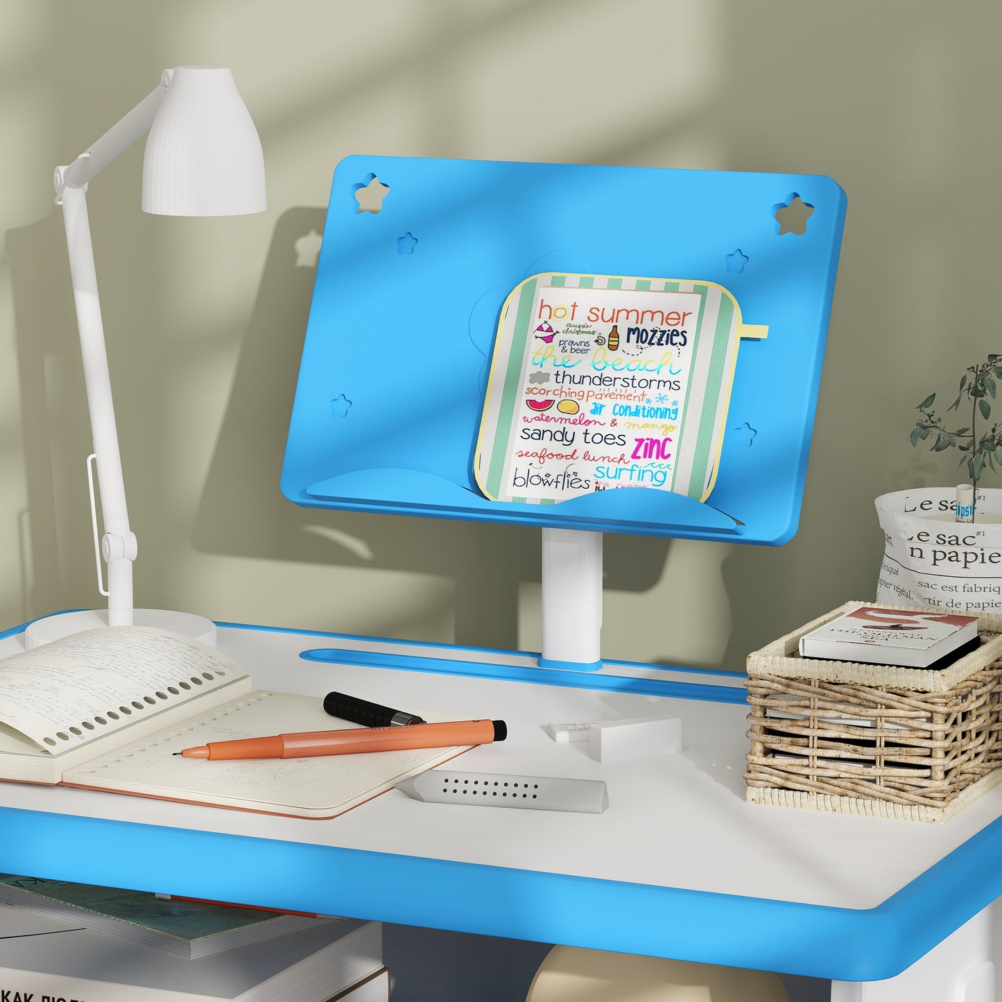 Kids Adjustable Desk and Chair Set, Book Stand, Pen Slot