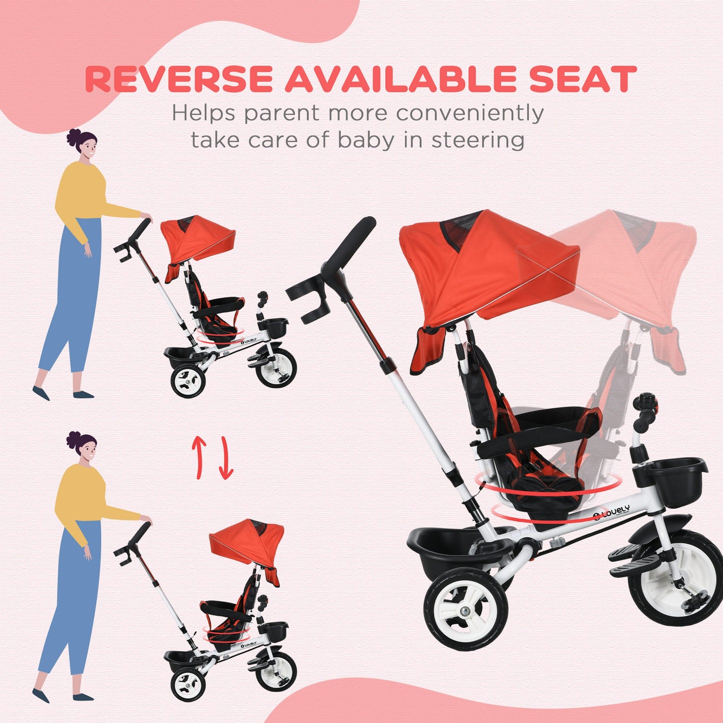 Metal Frame 6 in 1 Baby Push Tricycle with Parent Handle