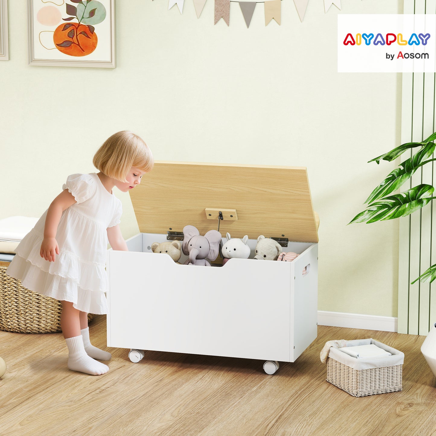 Toy Box with Lid, Toy Chest with Wheels and Safety Hinges