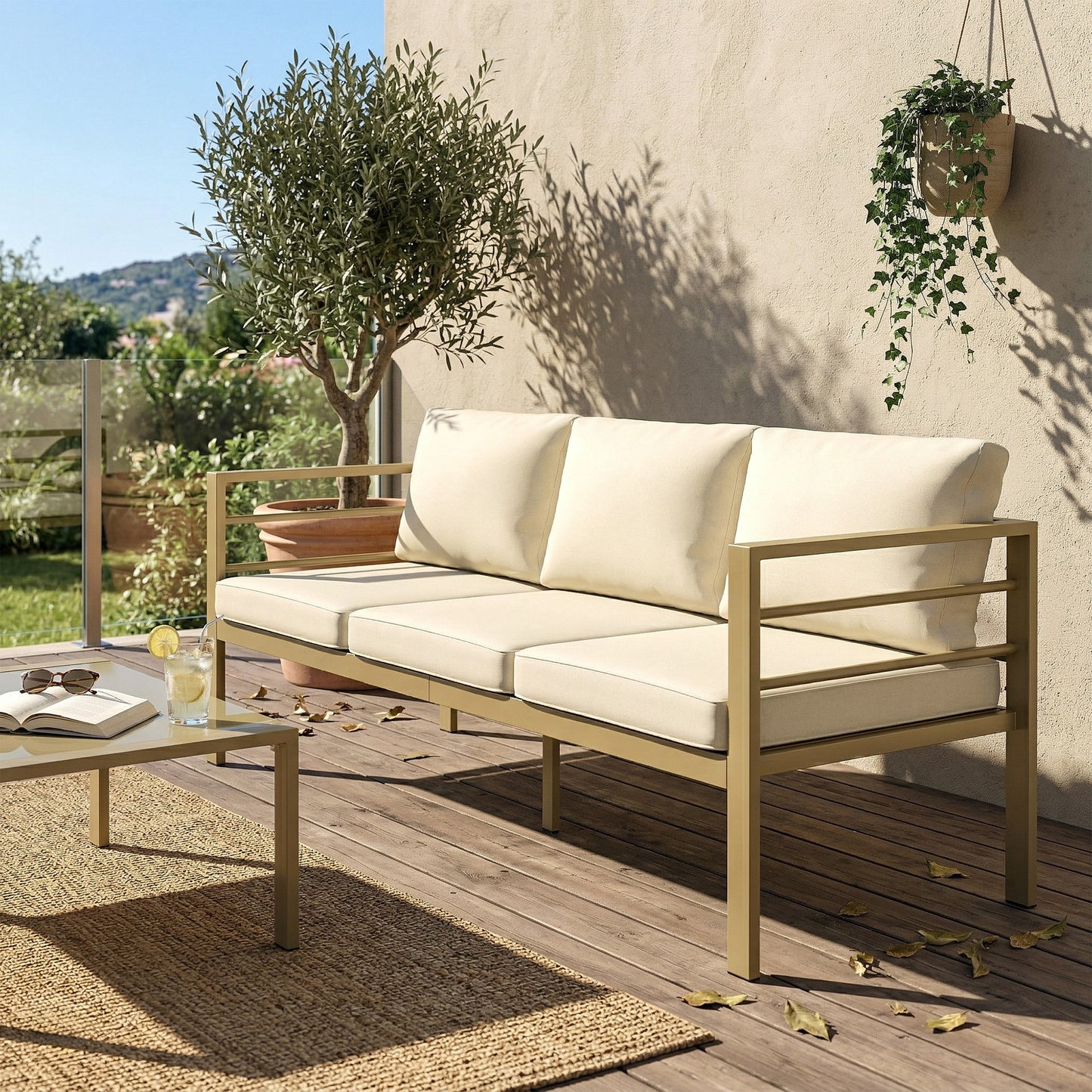 Garden Bench with Cushions, 3-Seater Sofa with Backrest
