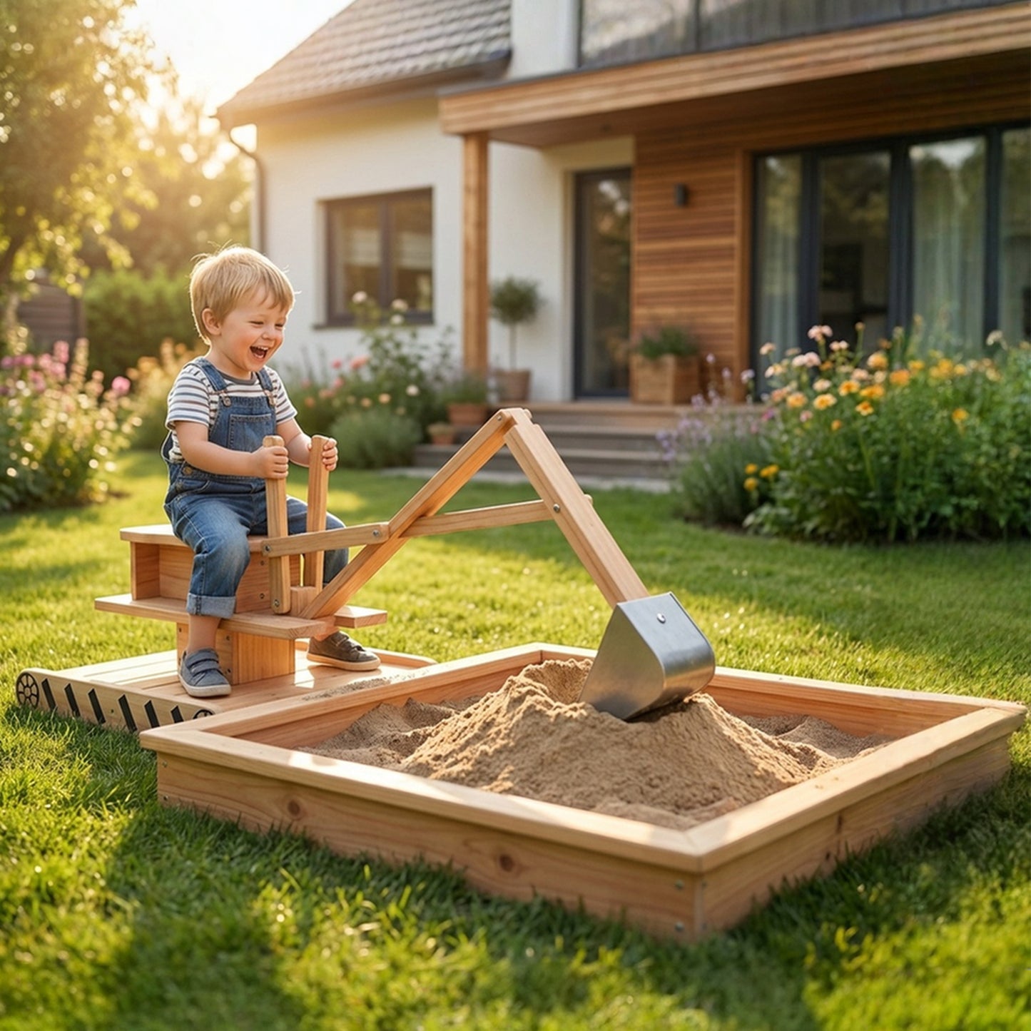 Wooden Sand Pit with Digger, Kids Sandbox Outdoor