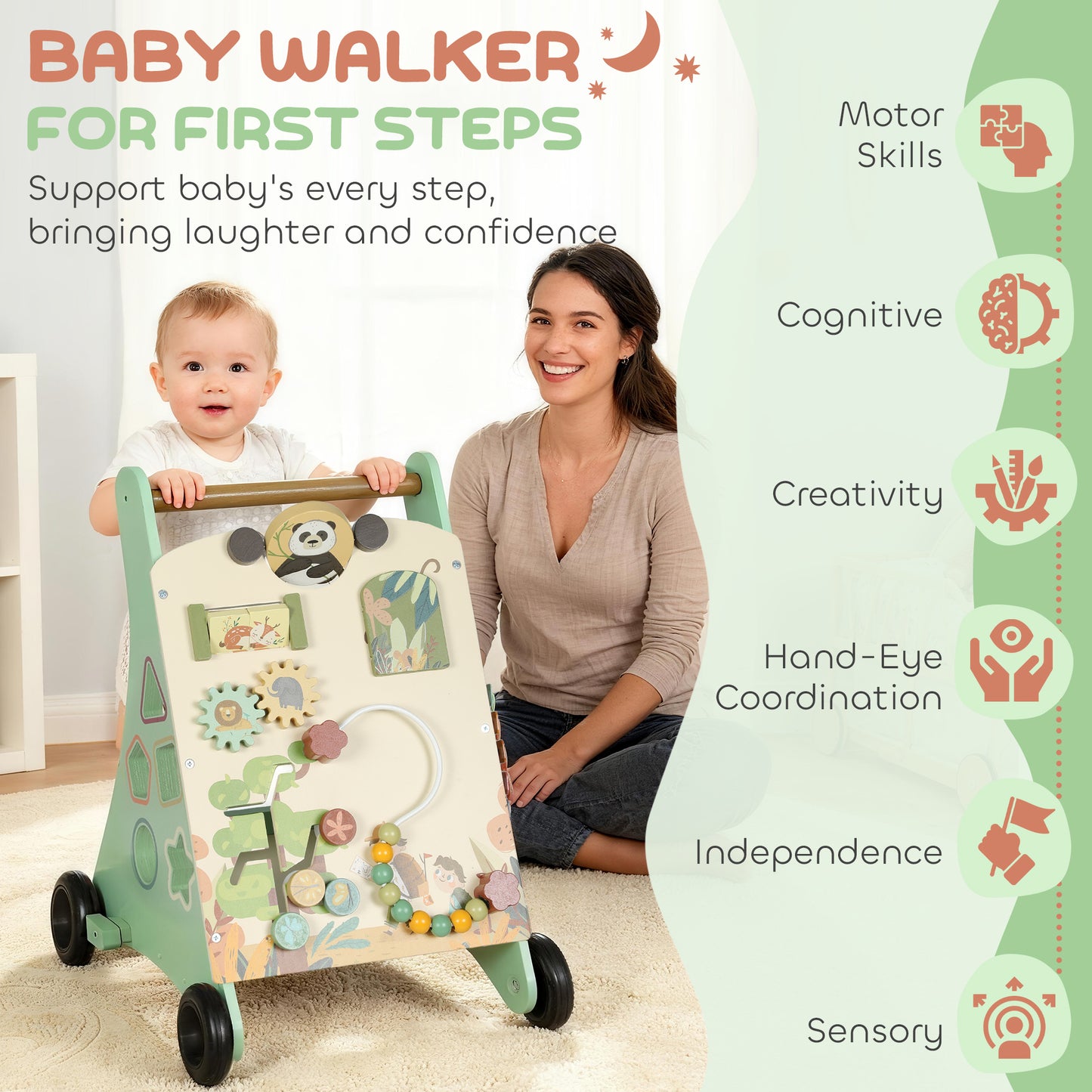 Wooden Baby Walker, Push Along Walker Toys with Speed Control