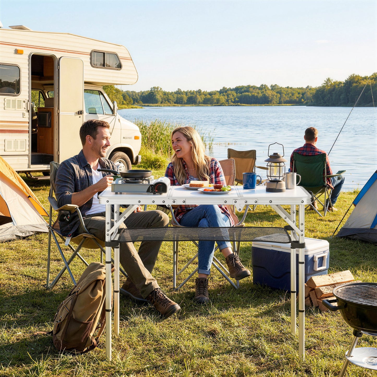 3ft Folding Camping Table, Picnic Table with Mesh Storage Layer
