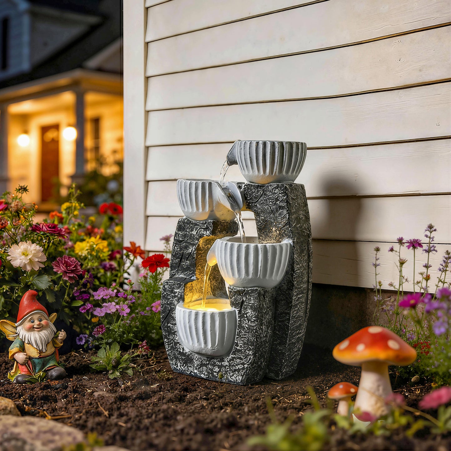 4-Tier Bowl Water Feature, Indoor Outdoor Garden Water Fountain