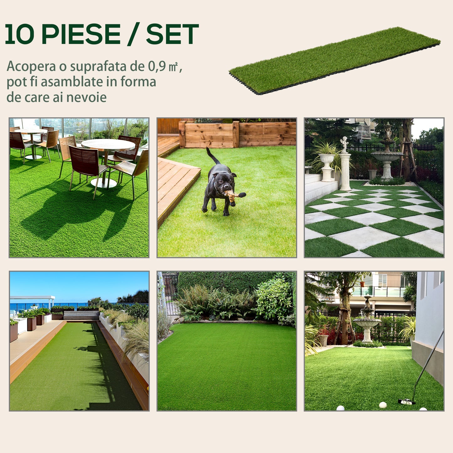 10-Piece Artificial Grass Set, Weatherproof Turf Tiles