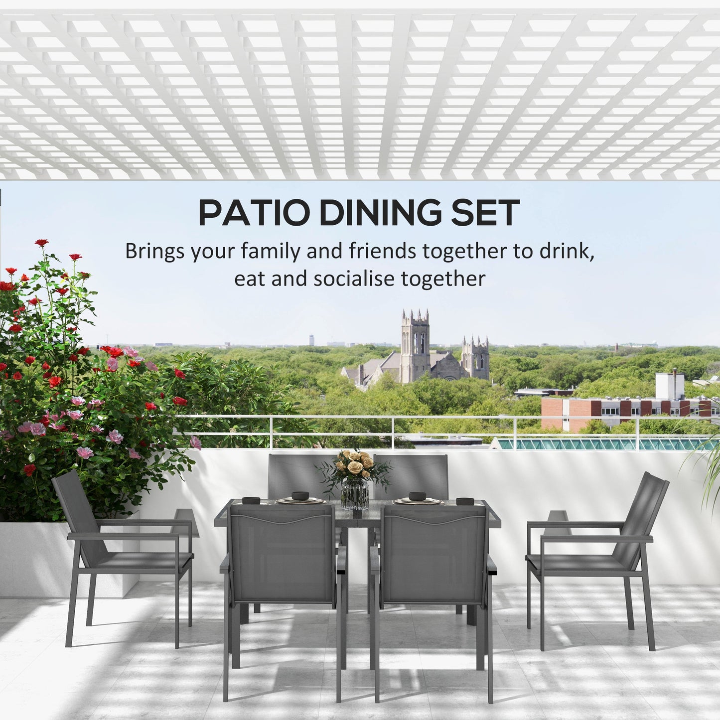 Seven-Piece Metal Dining Set, with Glass-Top Table