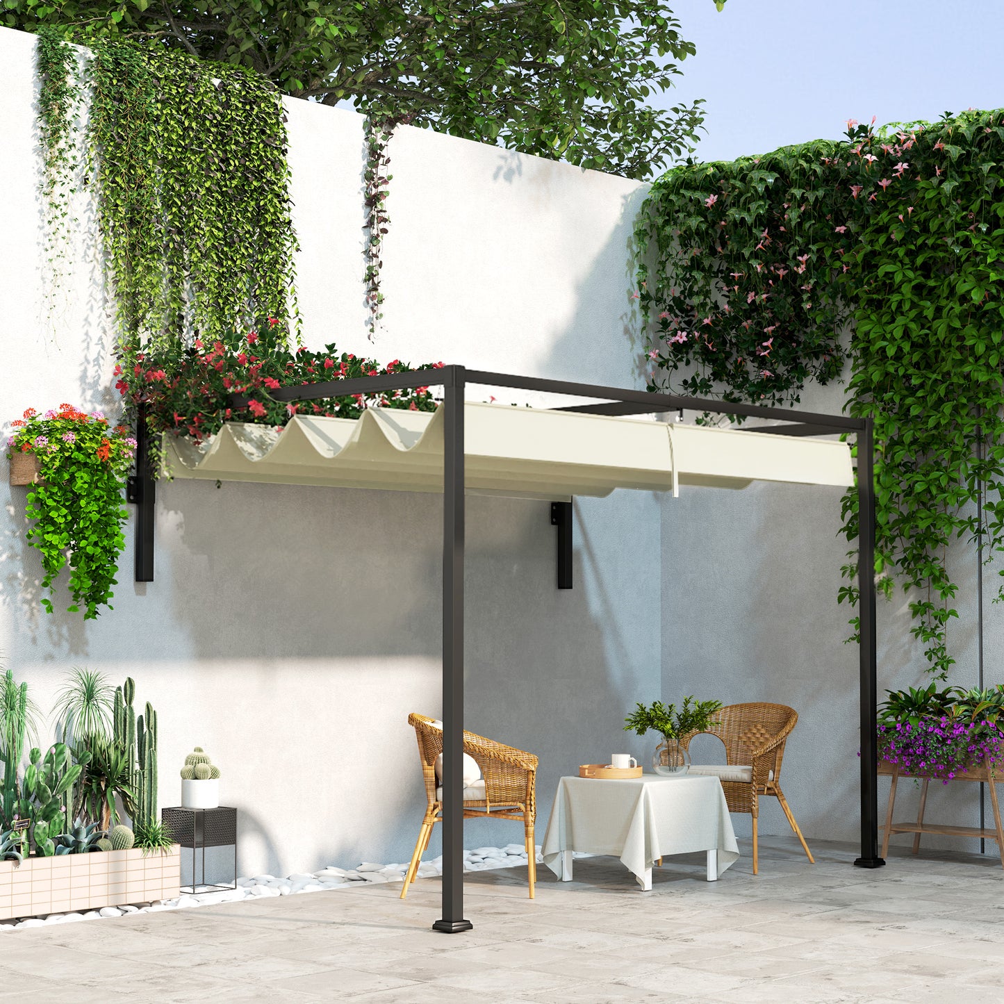 2 x 3(m) Lean To Steel Pergola, with Moving Fabric Canopy