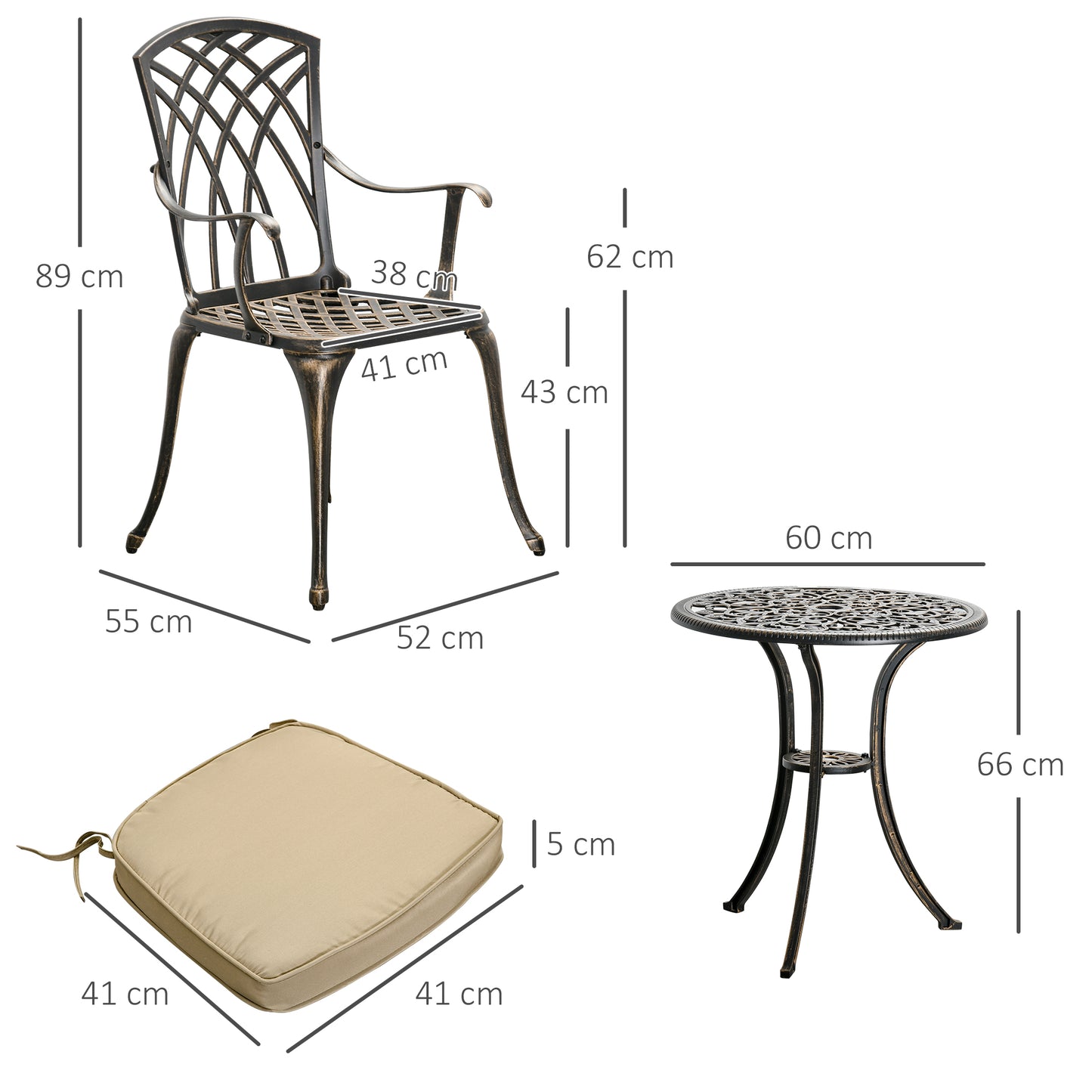 3pc Cast Aluminium Garden Bistro Set for 2 with Parasol Hole