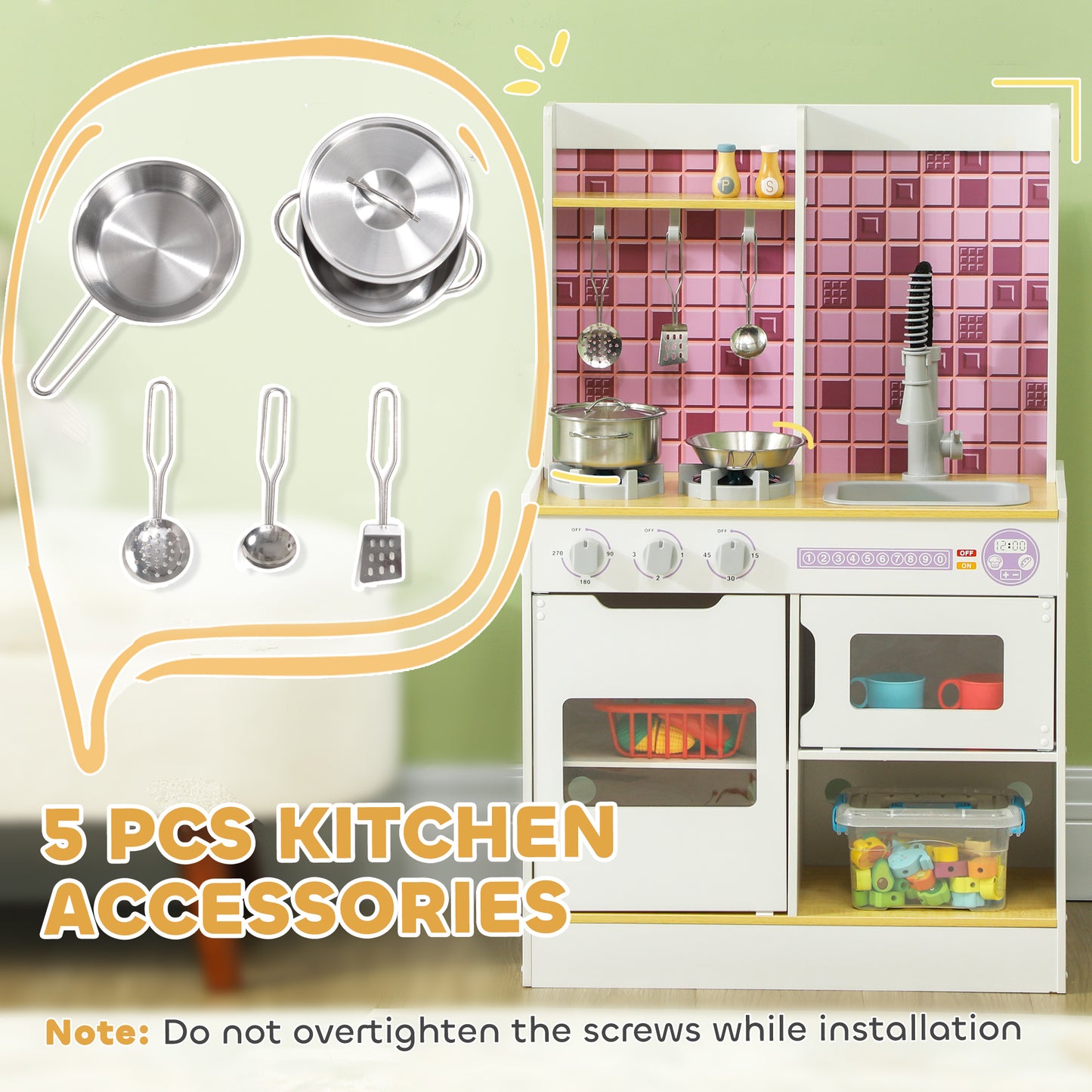 Kids Play Kitchen, Pretend Play Kitchen with Realistic Oven, Stove