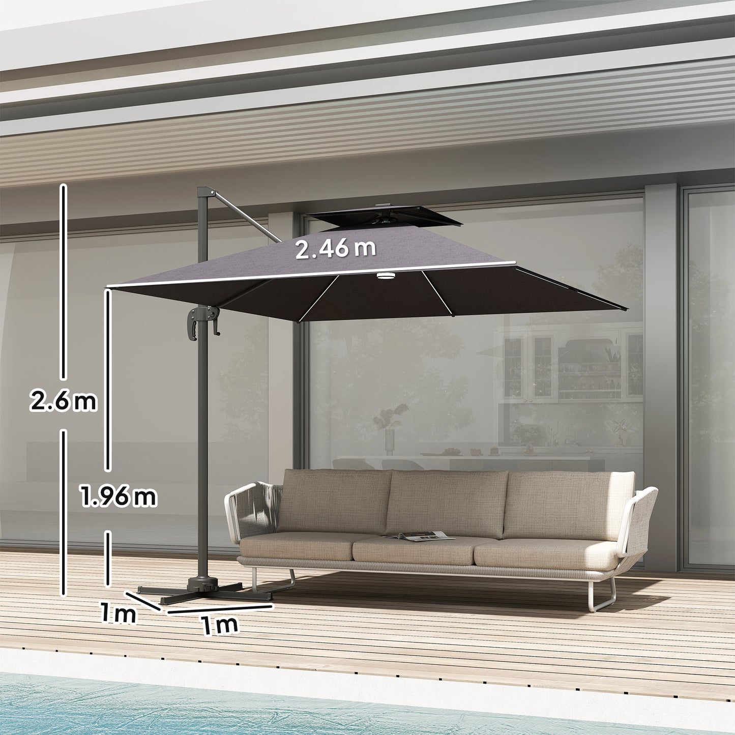 2.5m Cantilever Parasol with Solar Powered LED Lights, 360° Rotation