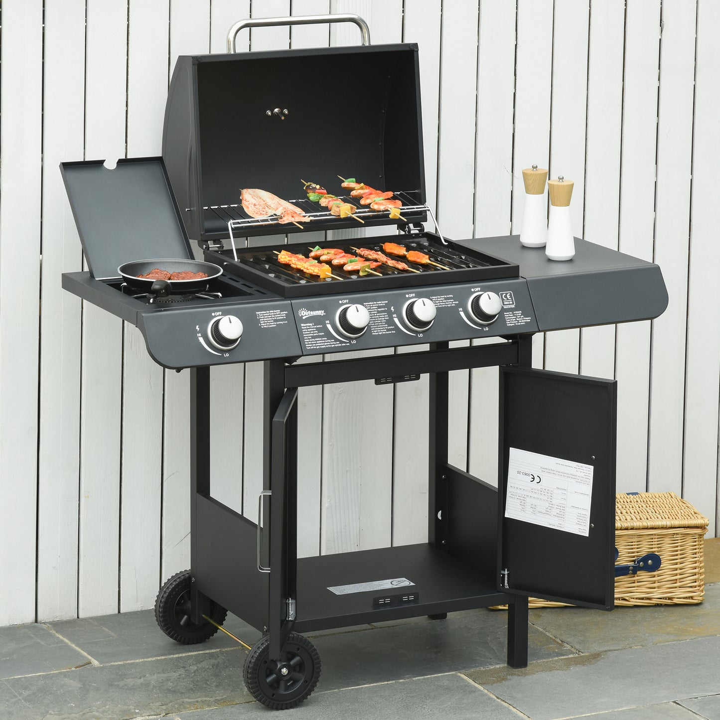 3+1 Burner Gas BBQ Grill, Outdoor Barbecue Trolley with Wheels