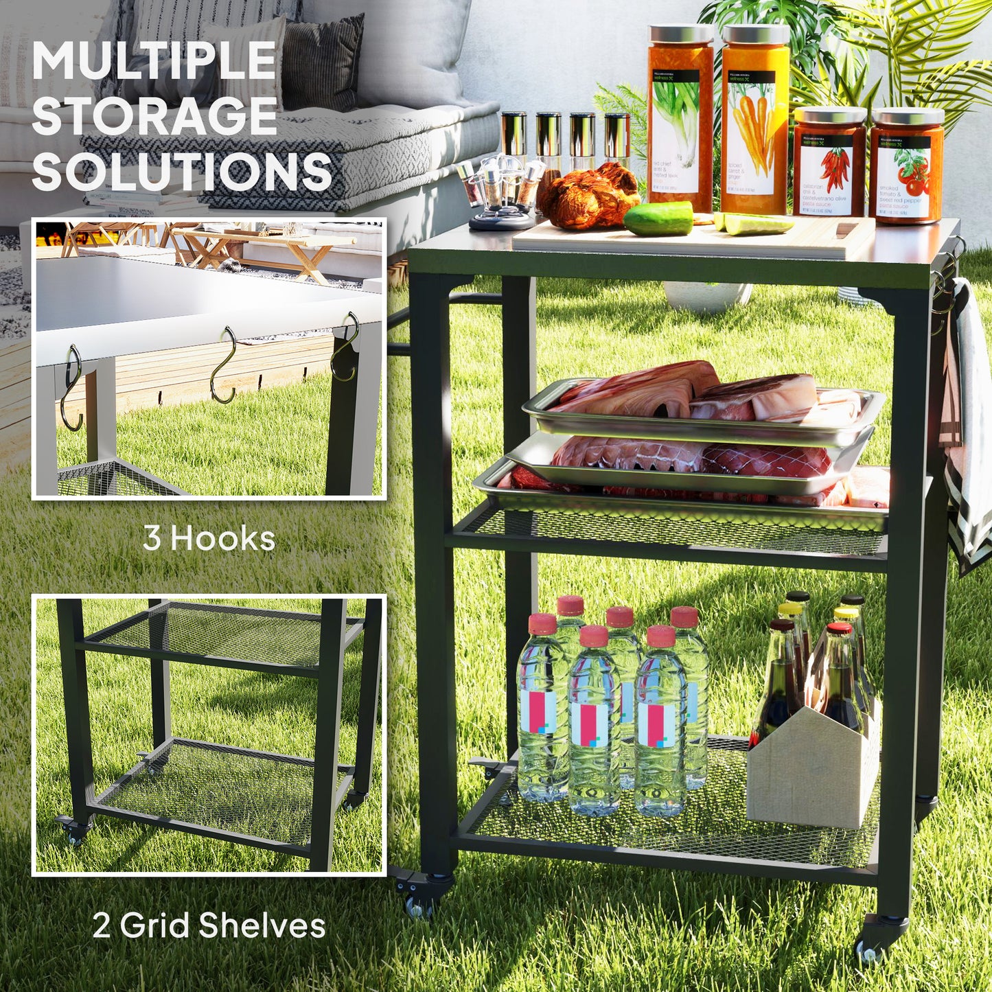 Three-Shelf Outdoor Grill Cart with Stainless Steel Top