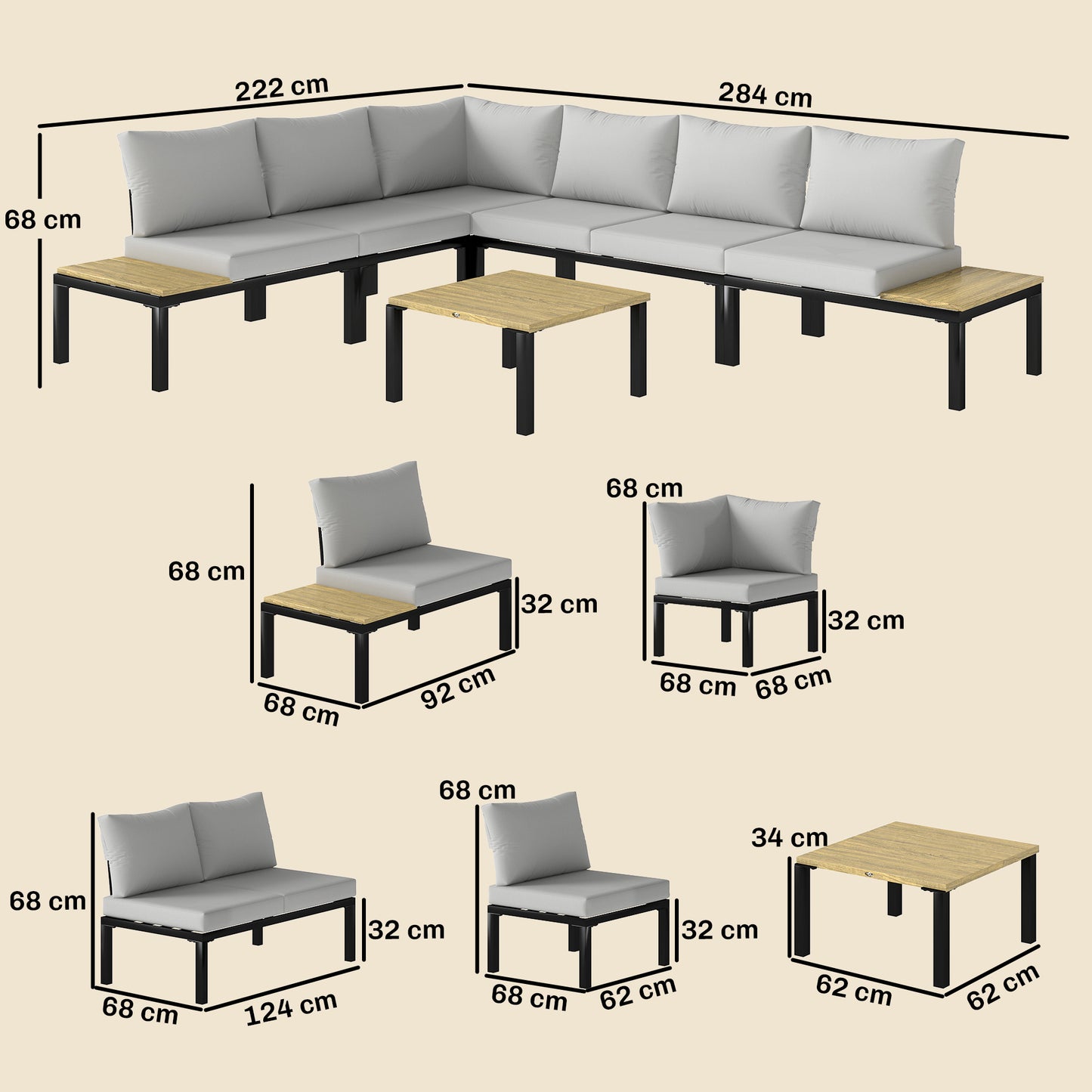 Garden Furniture Set, 6 Piece Corner Sofa Set with Loveseat