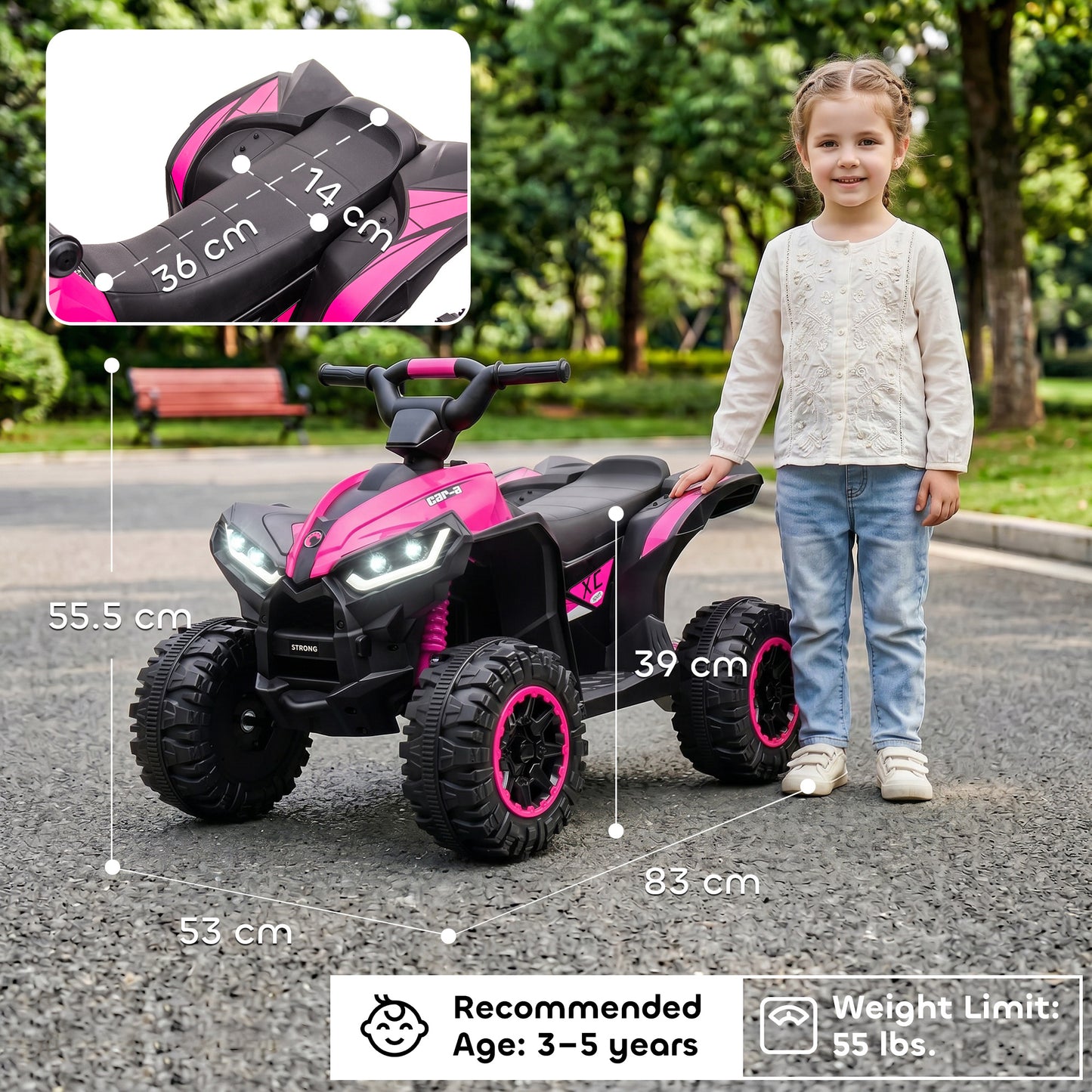 12V Ride-On Quad Bike w/ Music, Horn, for Ages 3-5 Years