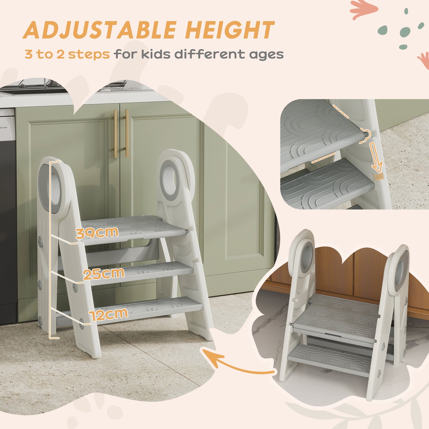 Foldable and Adjustable Kids Step Stool with Handle, Non-Slip