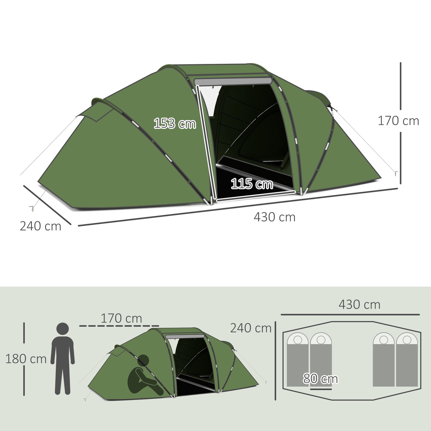 4-6 Man Camping Tent with Living Area and 2 Bedrooms