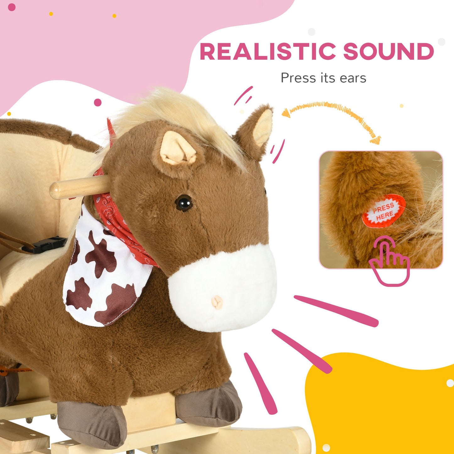 Kids Rocking Horse, with Secure Harness, Sounds, Foot Pedals