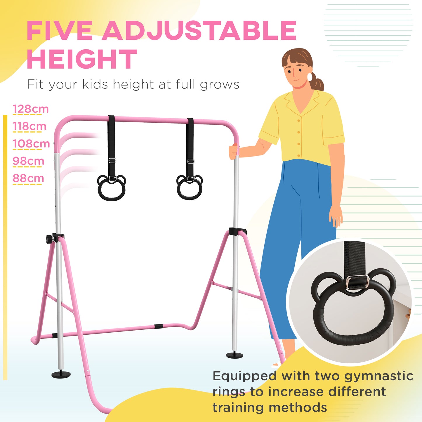 Adjustable Height, Foldable Kids Gymnastics Bar w/ Non-slip Rubber