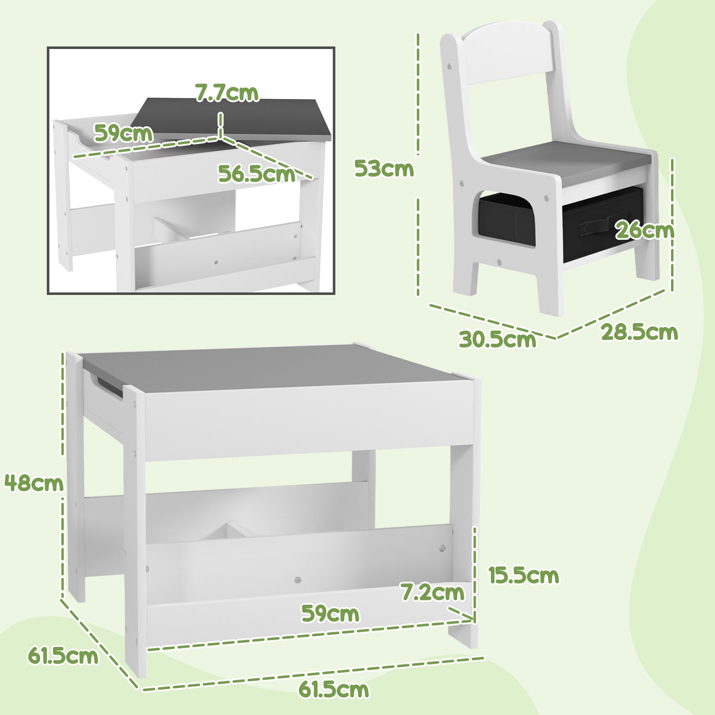 Three-Piece Kids Table and Chair Set with Blackboard, Storage
