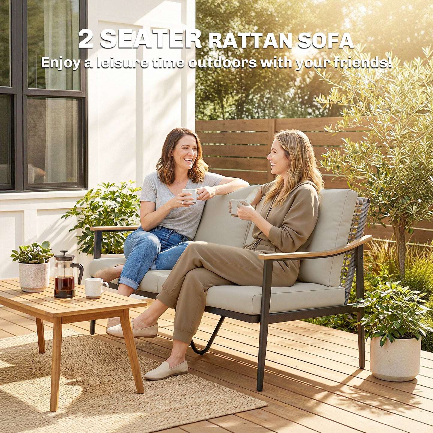 2 Seater Rattan Sofa, Outdoor Garden Sofa with Wood-Effect Armrests