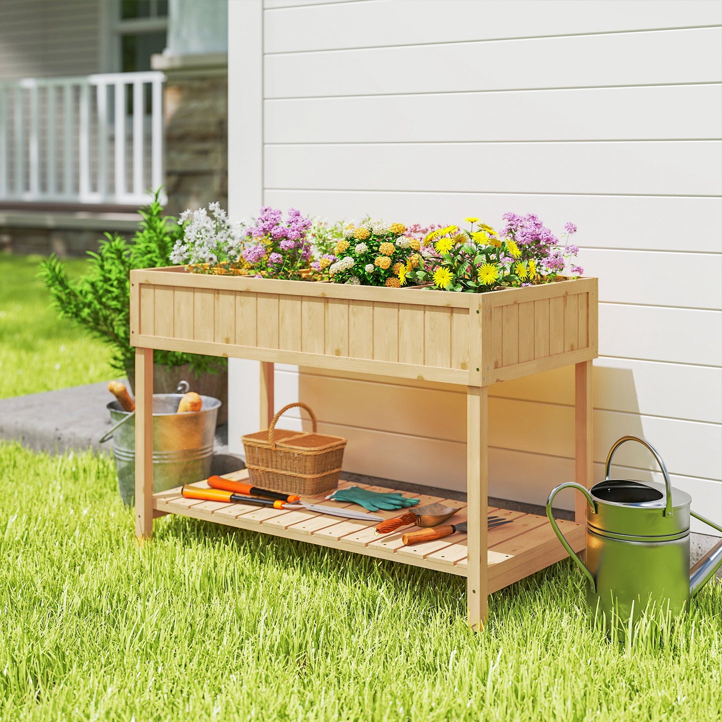 Garden Wooden Planters, Rectangular 8 Compartment Plant Stand