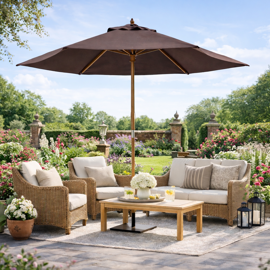 2.5m Wood Garden Parasol Sun Shade Patio Outdoor Wooden Umbrella (1)