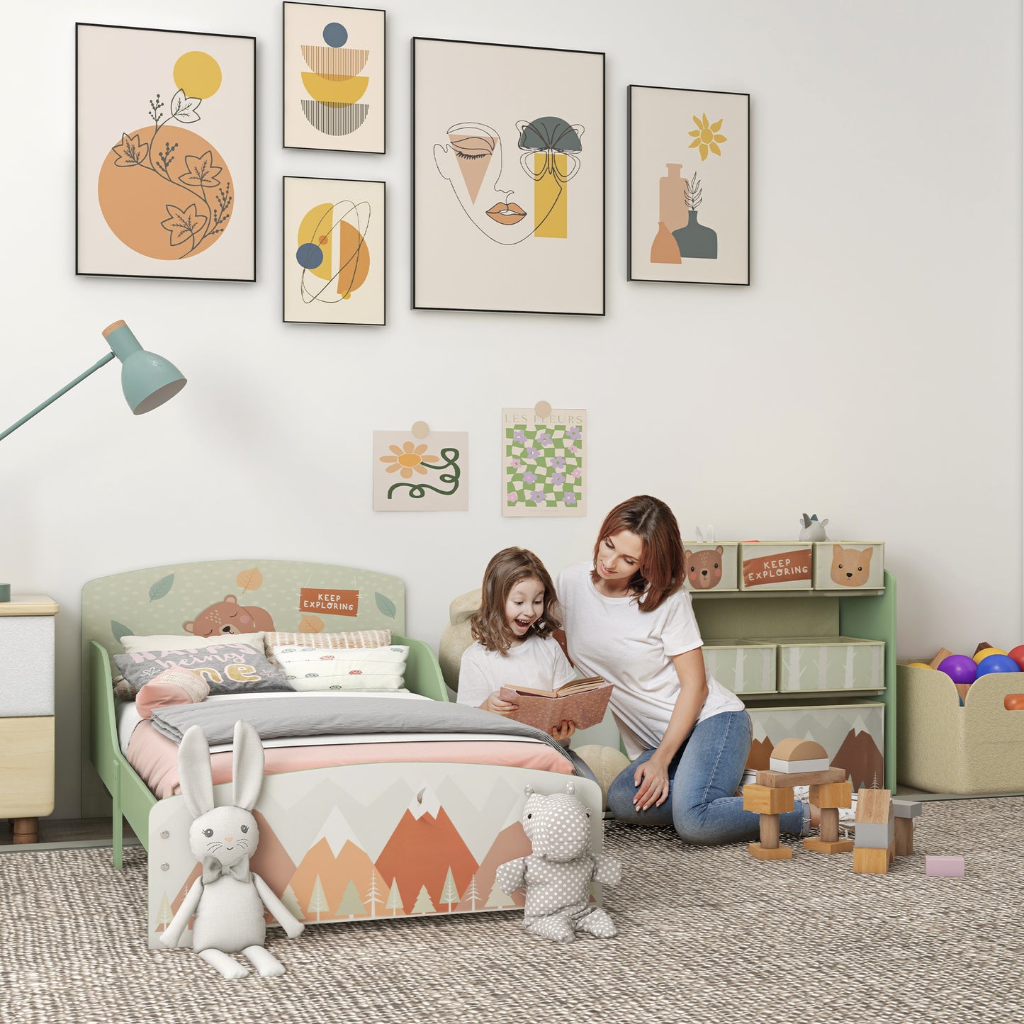 Toddler Bed Frame, Kids Storage Shelf Unit with 6 Fabric Bins