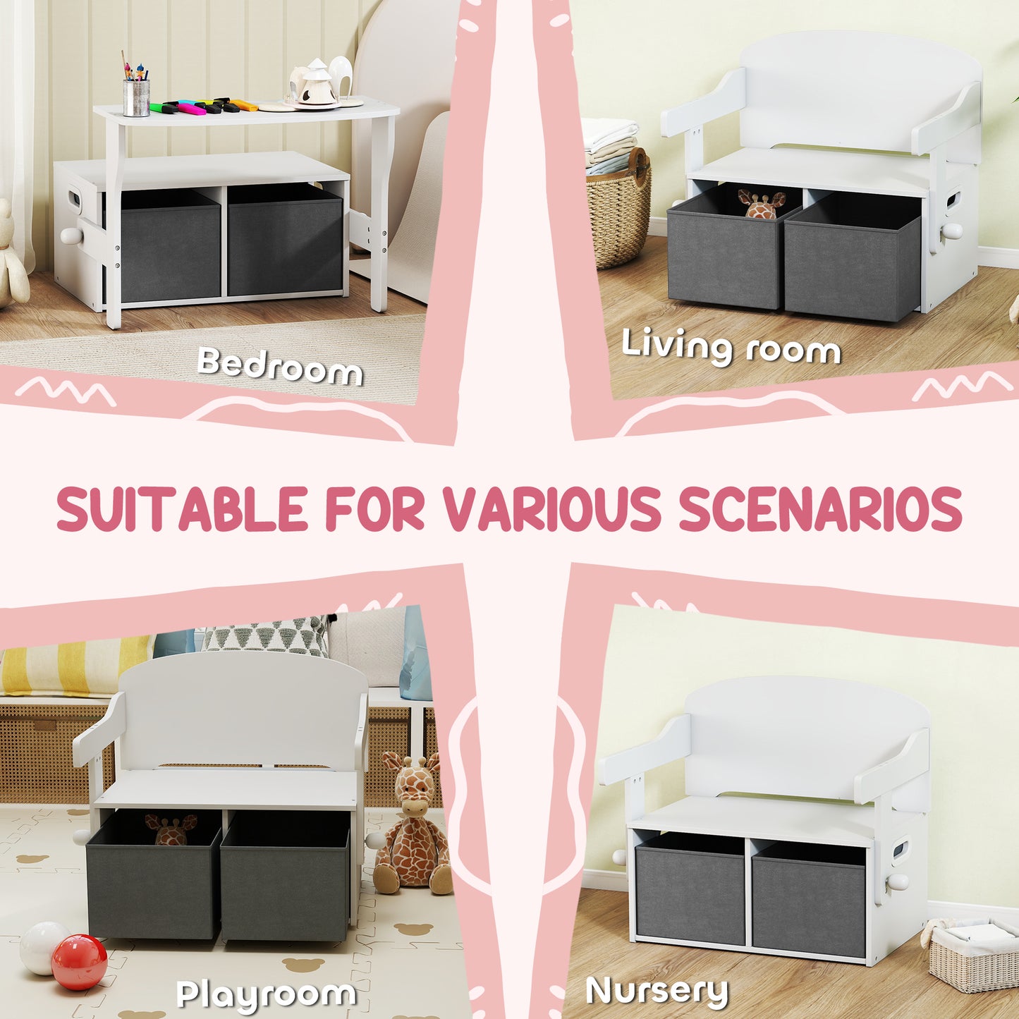 3 in 1 Kids Storage Bench, Convertible Children Table and Chair Set