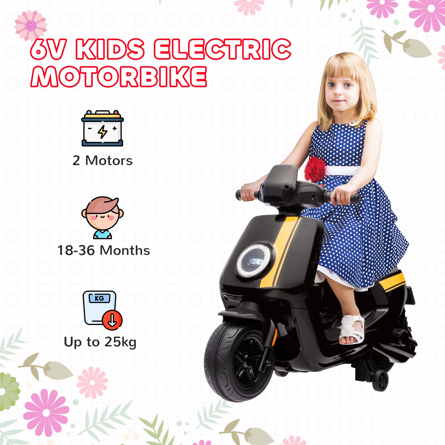 6V Ride on Motorbike, Kids Electric Motorbike w/ Headlights, Music