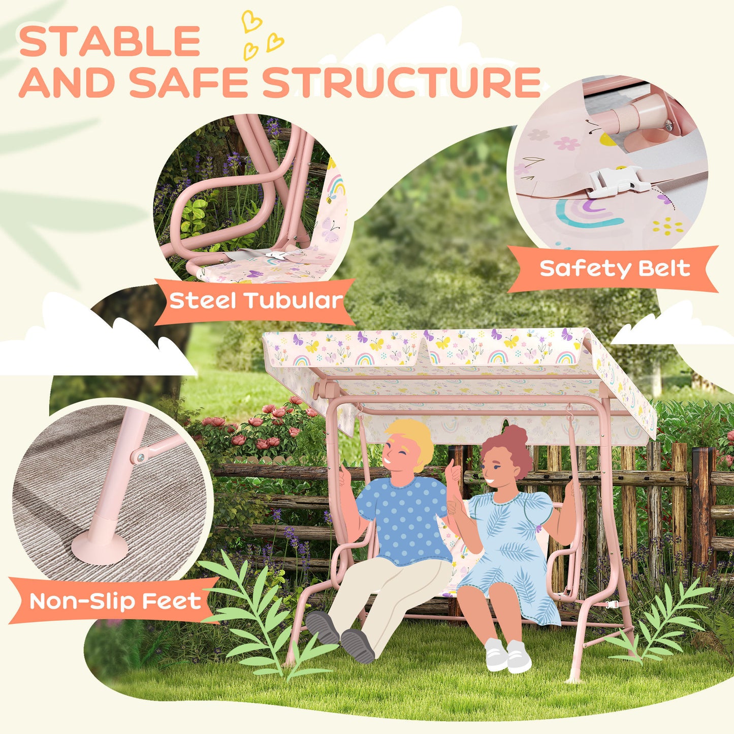 Kids Garden Swing Chair with Adjustable Canopy, Safety Belt