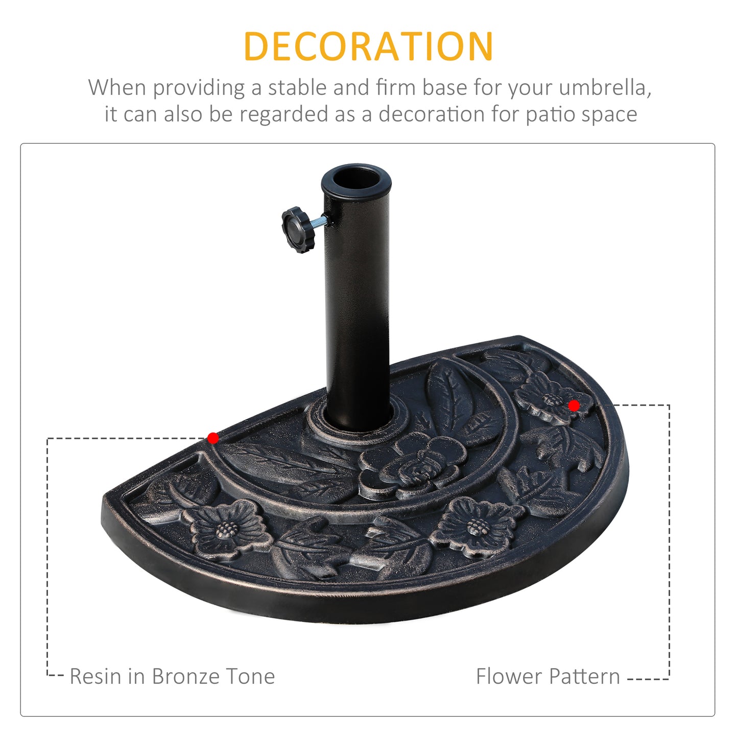 9kg Resin Parasol Base, Half Round Umbrella Stand with Floral Design