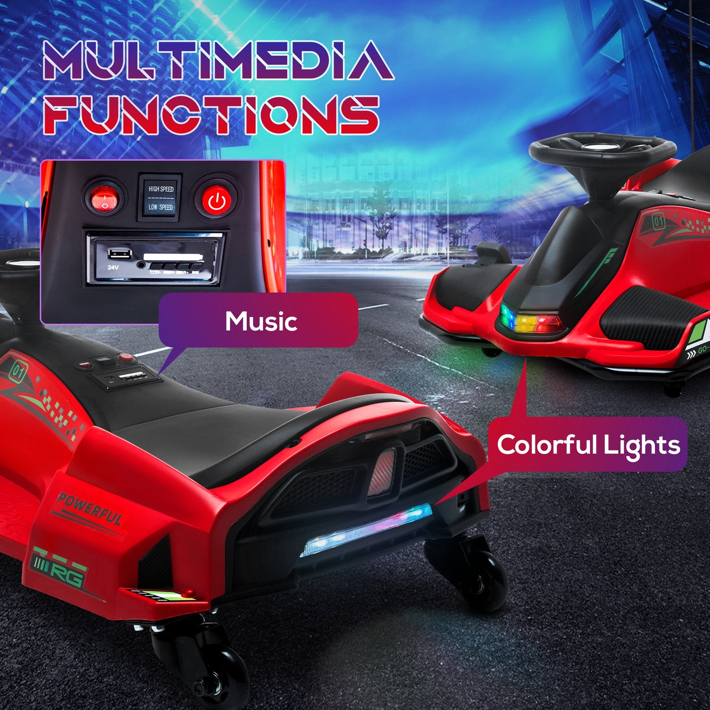 12V Kids Electric Go Kart with Music, LED Lights, Slow Start