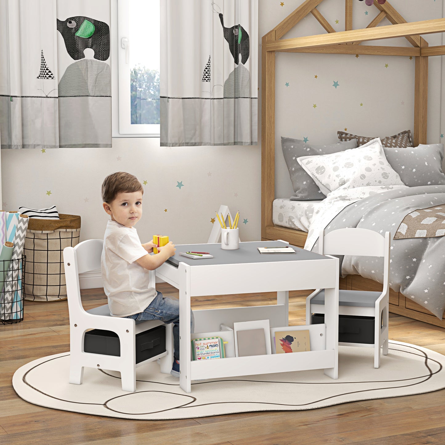 Three-Piece Kids Table and Chair Set with Blackboard, Storage