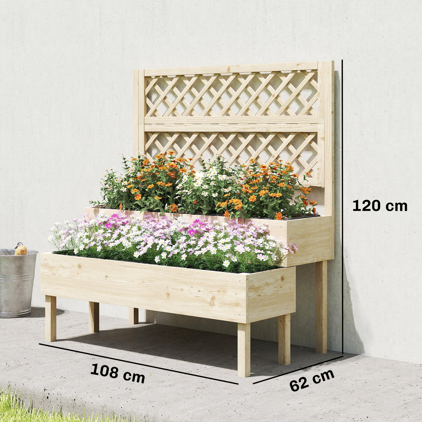 Raised Garden Bed 2-Tier Stepped Design Planter Box with Trellis