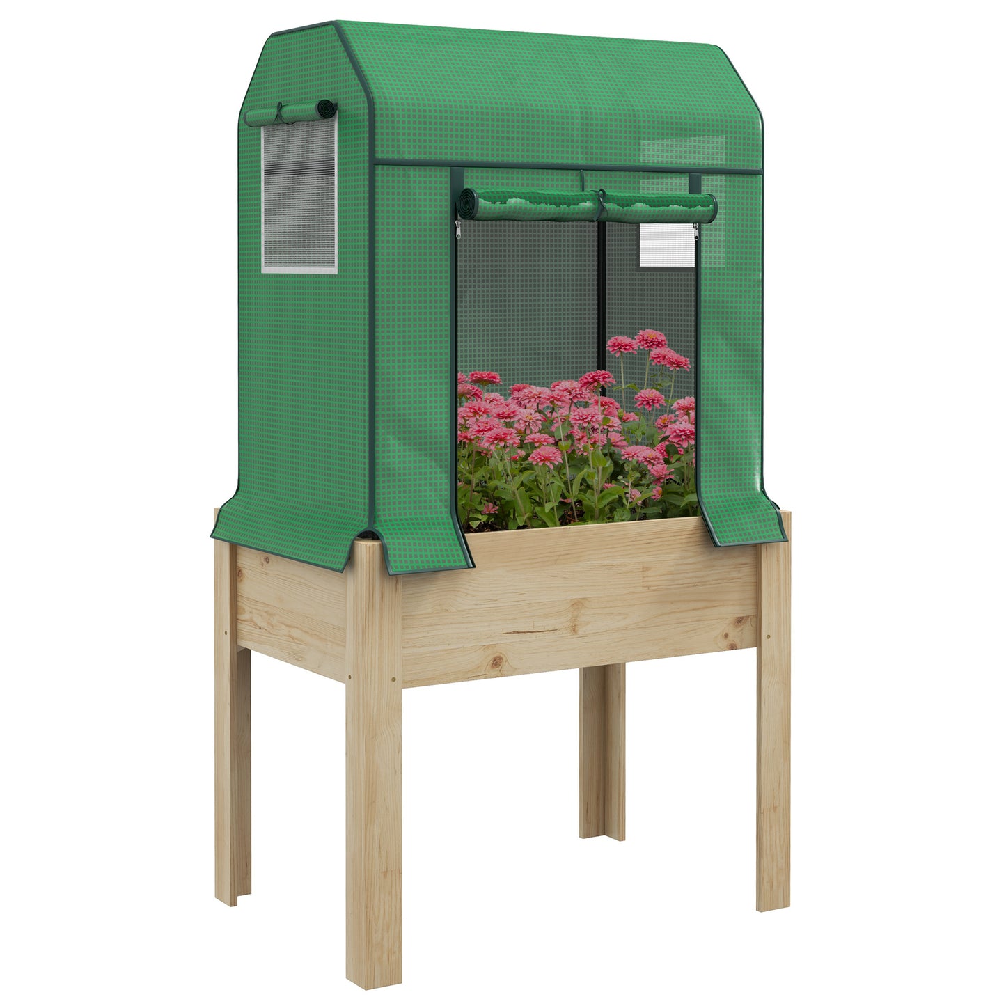 Wooden Planter Box with PE Greenhouse Cover and Bed Liner