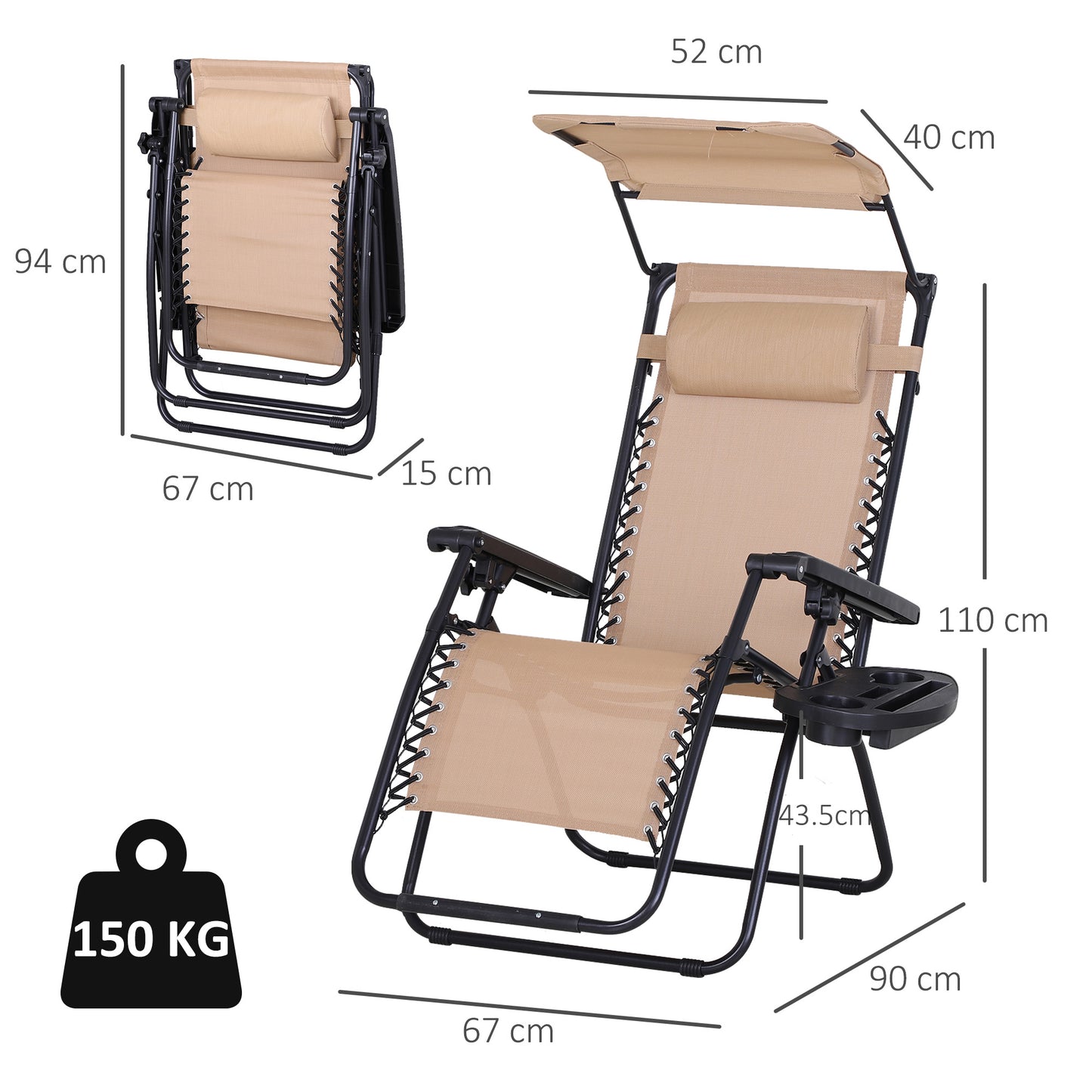 2 Piece Foldable Reclining Garden Chair with Headrest