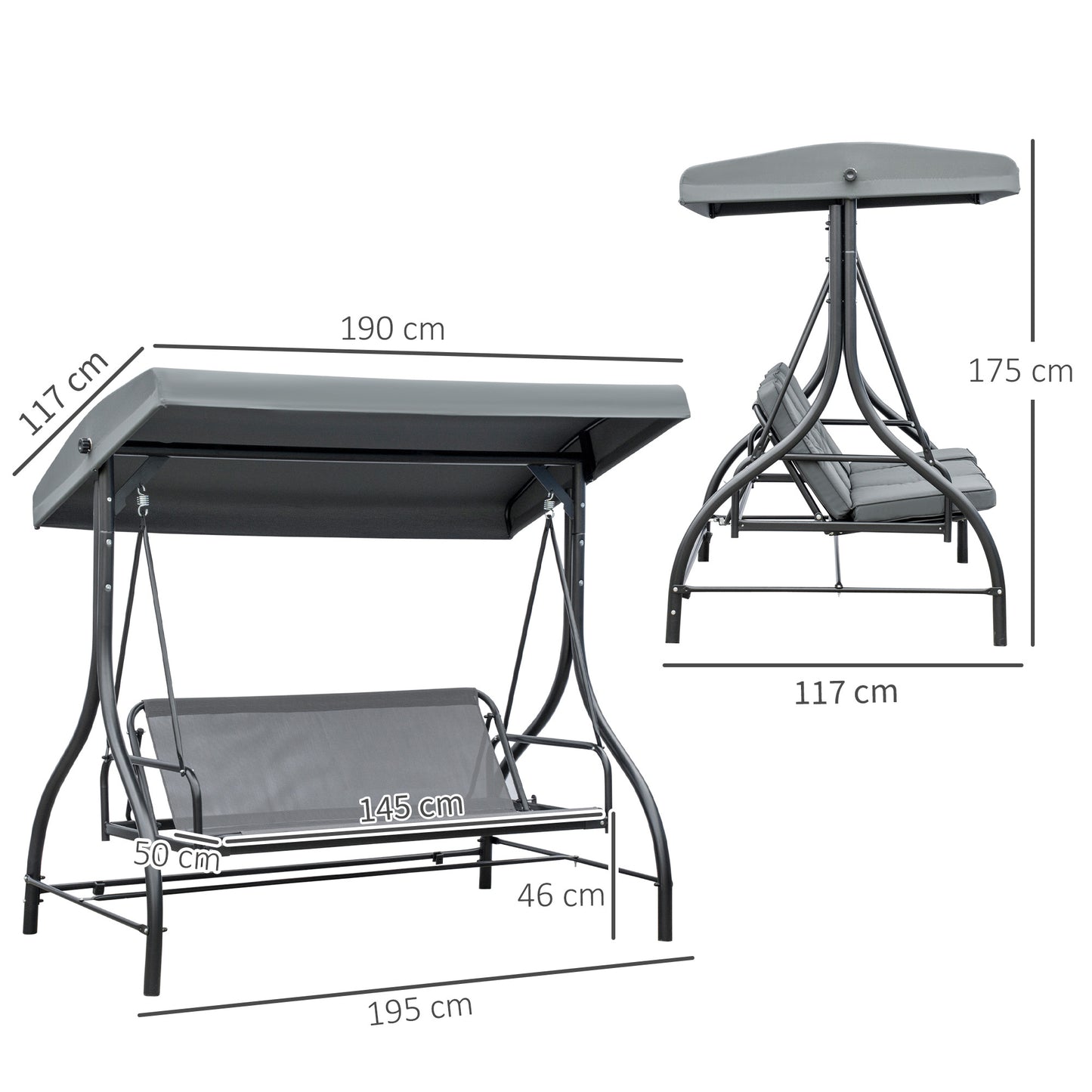3 Seater Canopy Swing Chair, 2 in 1 Garden Swing Seat Bed